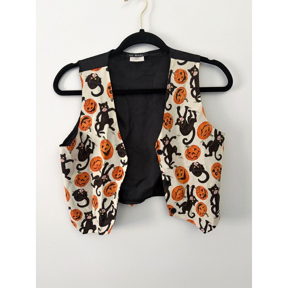 Vintage Halloween Cat & Pumpkin Print Vest | Size L | Button Front